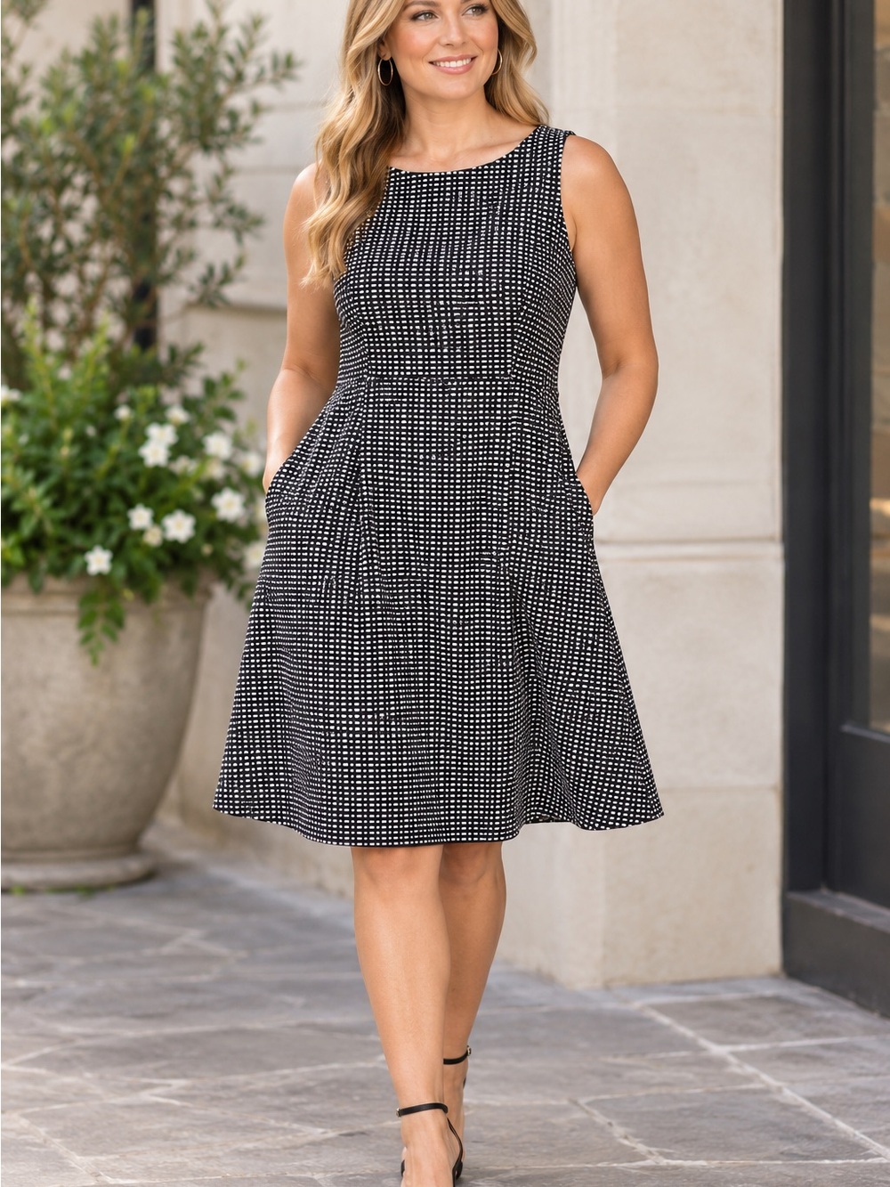 LOFT Black and White Patterned Sleeveless Midi Dress